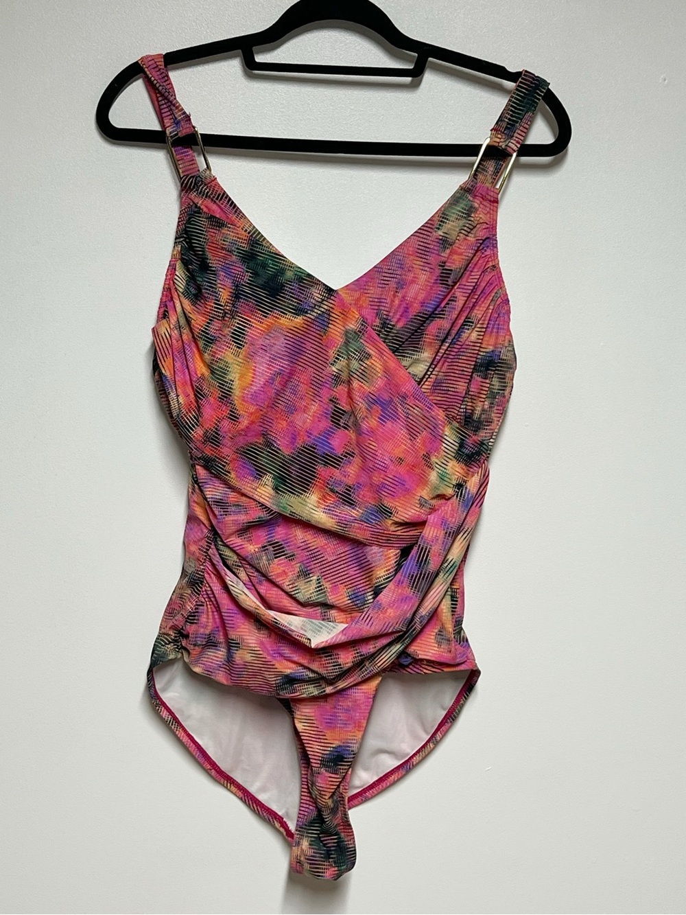 SPANX Faux-Wrap Ruched Print One-Piece Swimsuit Sz 14 - Picture 2 of 6